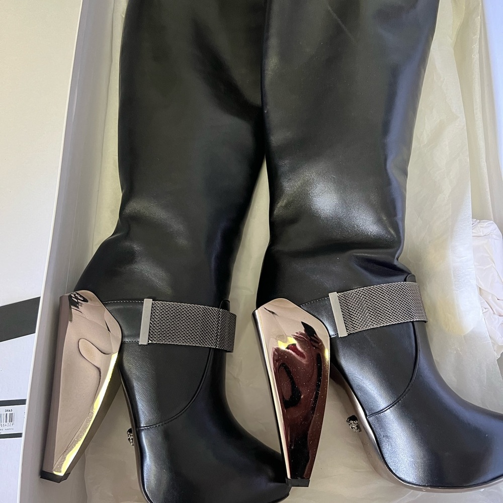 VERSACE NERO BOOTS SIZE 36.5 ROSE GOLD HEEL BLACK DONNA LEATHER